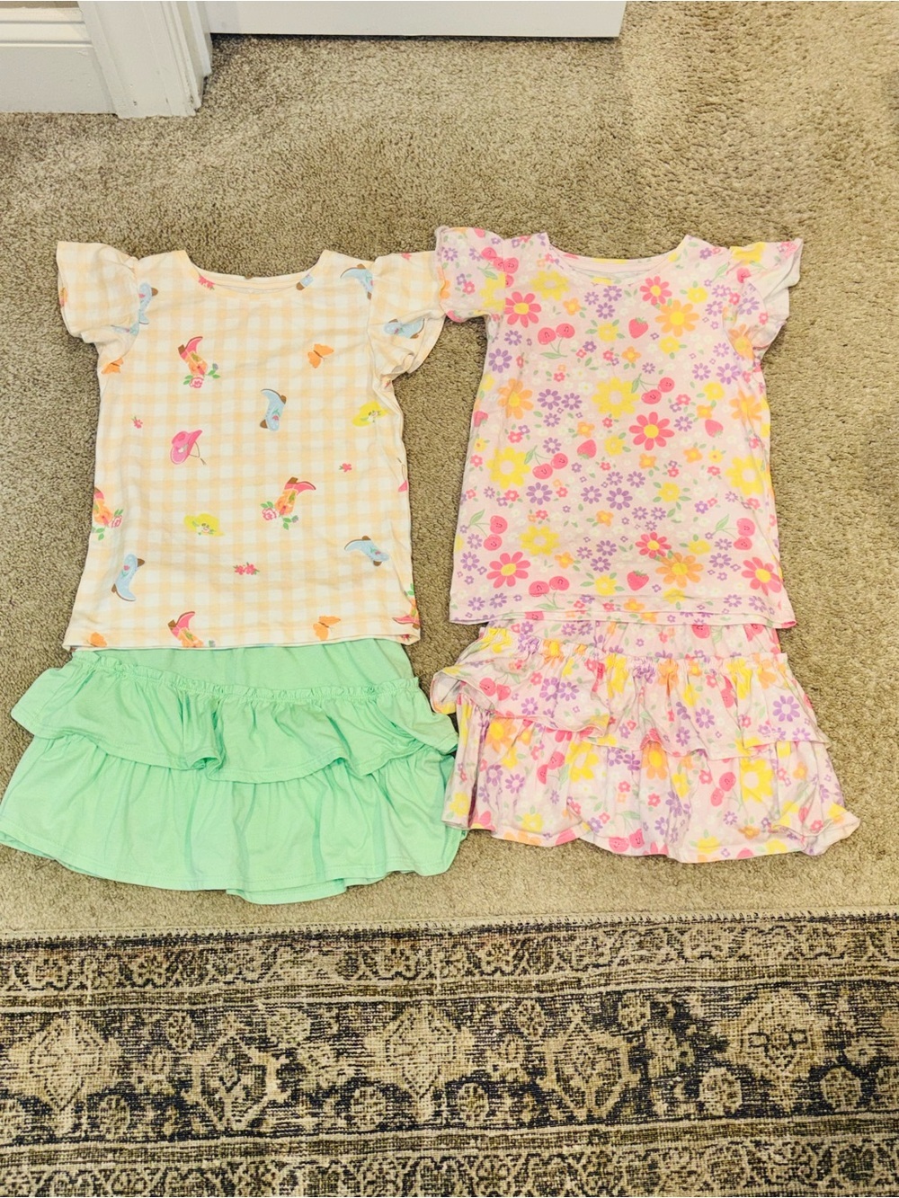 Girls Two-Piece Floral & Cowboy Gingham Ruffle Sets - Pink, Yellow, Mint